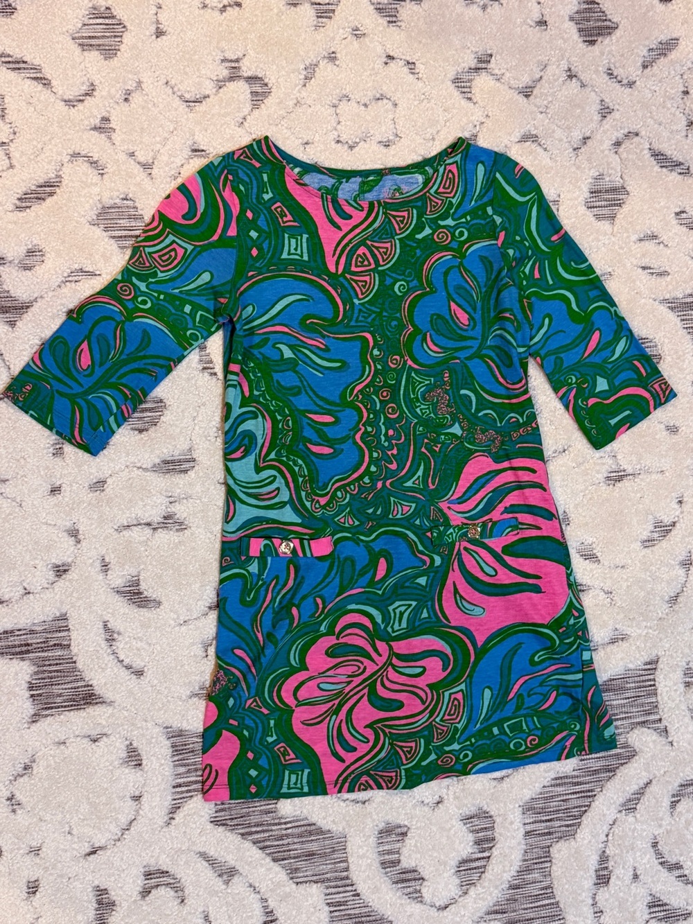Lilly Pulitzer Vibrant Green & Pink Graphic Shift Dress girls size 8/10 EUC